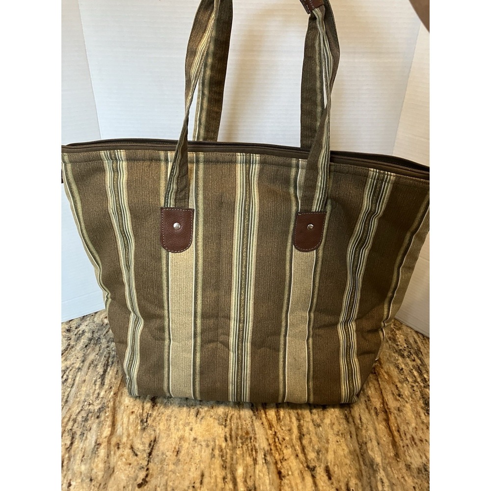 J Jill Earthy Tone Green Brown Stripe  Canvas Tote  Zip Long Leather  Medium
